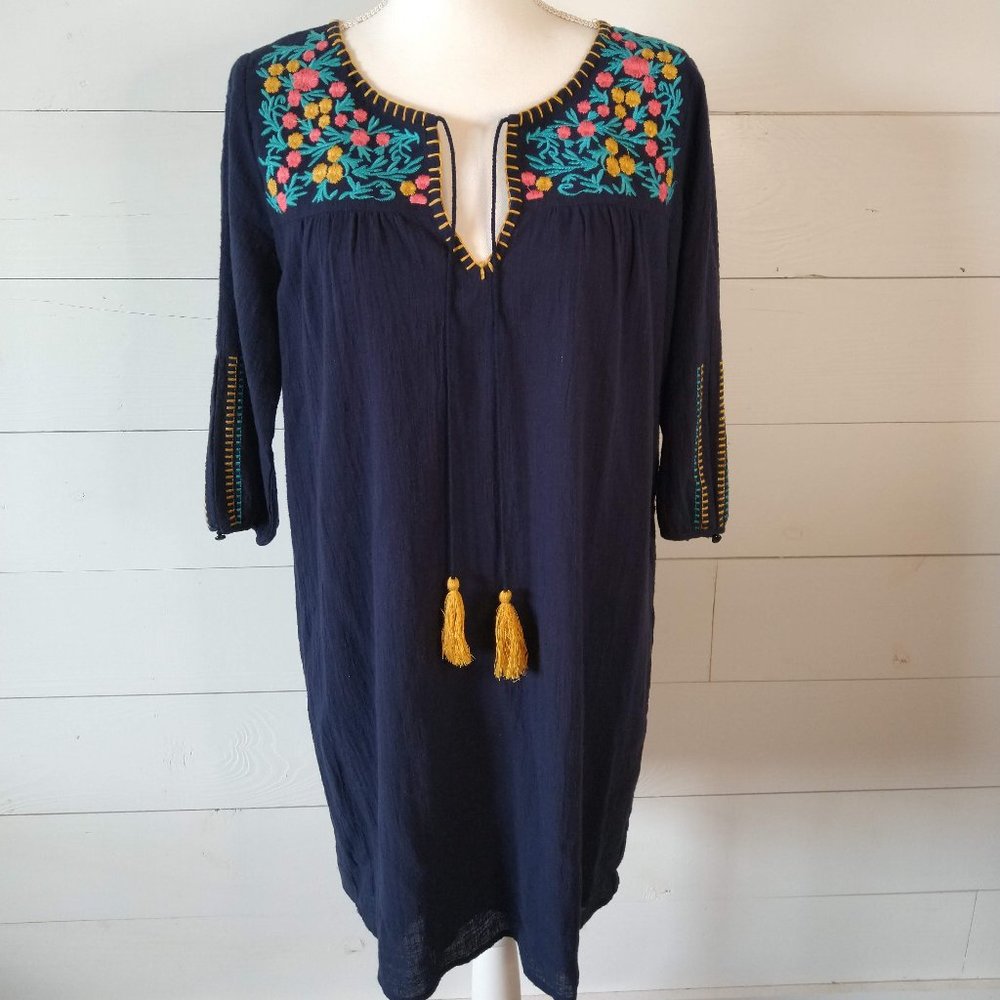 THML Embroidered Everyday Dress- Boho Style Tunic- Navy Blue-Size Small -Shift